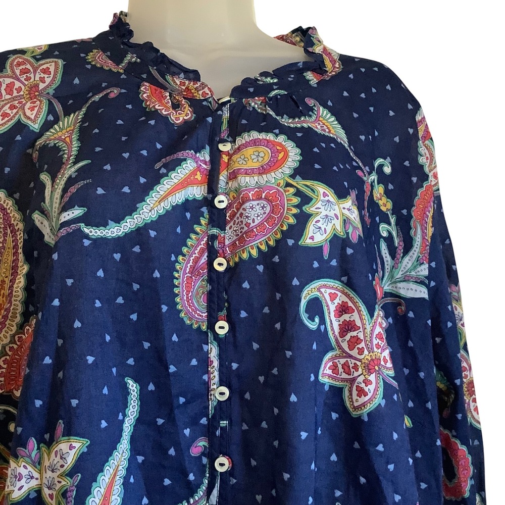 Talbots Plus Women 2X Navy Blue Paisley 100%Cotton Ruffle Neck Button Blouse Top